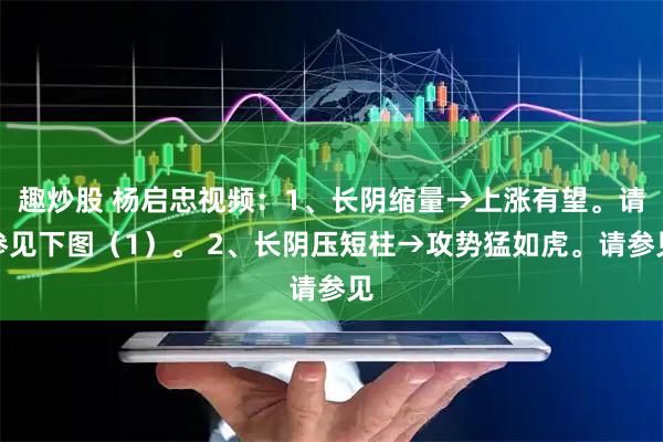 趣炒股 杨启忠视频：1、长阴缩量→上涨有望。请参见下图（1）。 2、长阴压短柱→攻势猛如虎。请参见